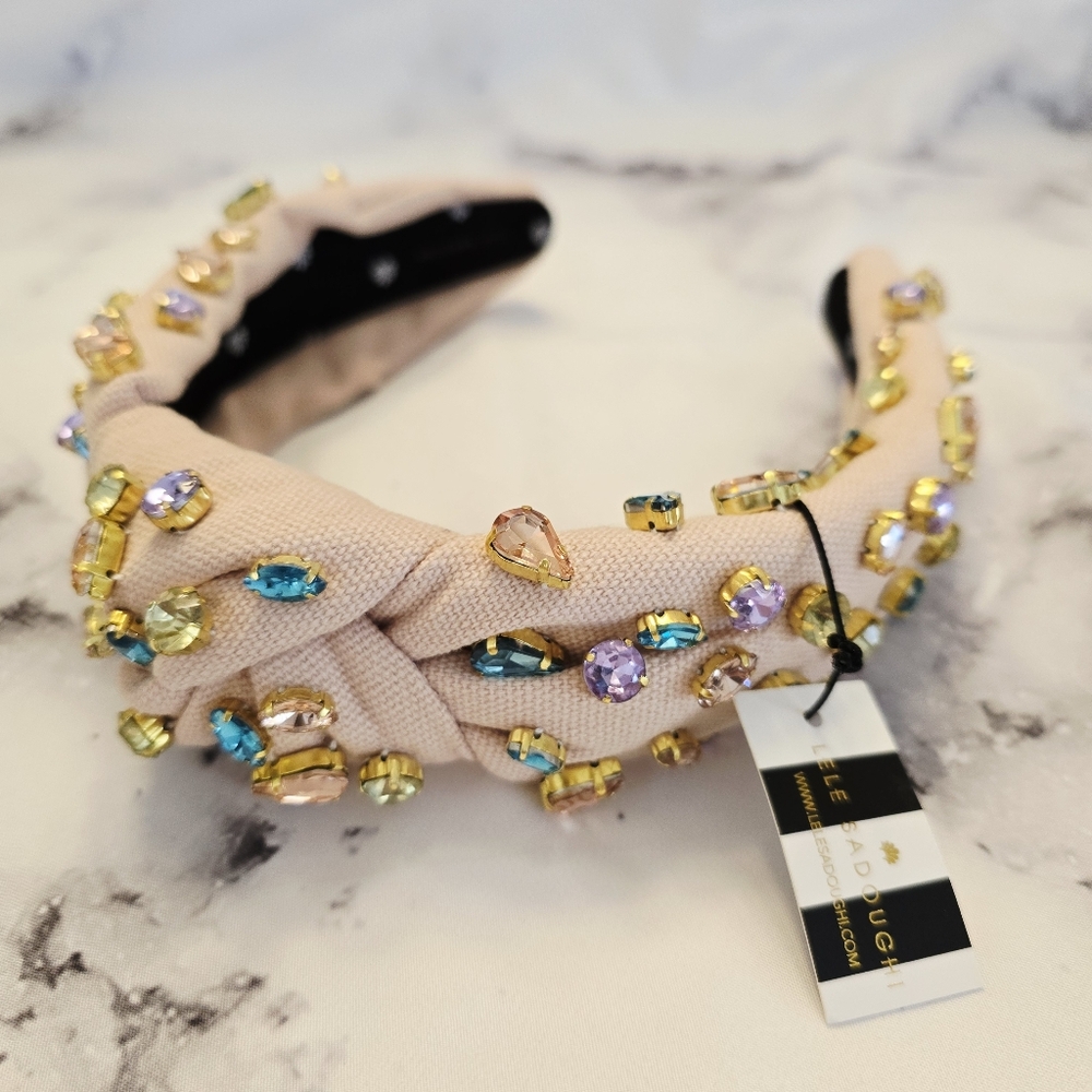 Lele Sadoughi Candy Jeweled Knotted Headband in Pastel Garden Cream w/ Crystals